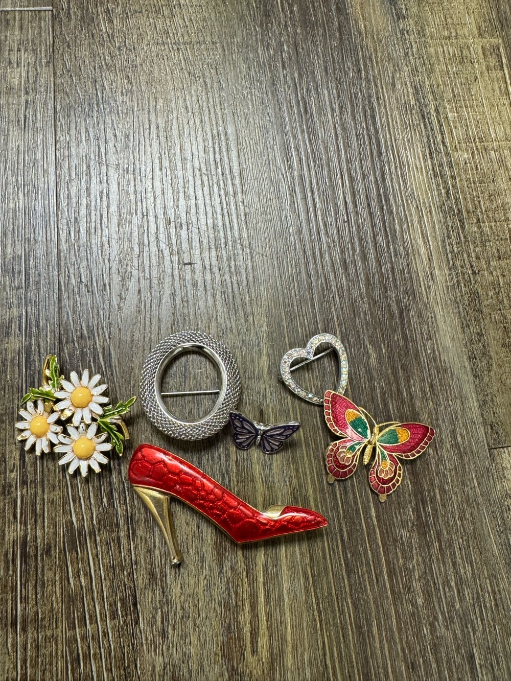 Assorted Women’s Enamel and Rhinestone Brooch Set - Red, Yellow, Green, Silver